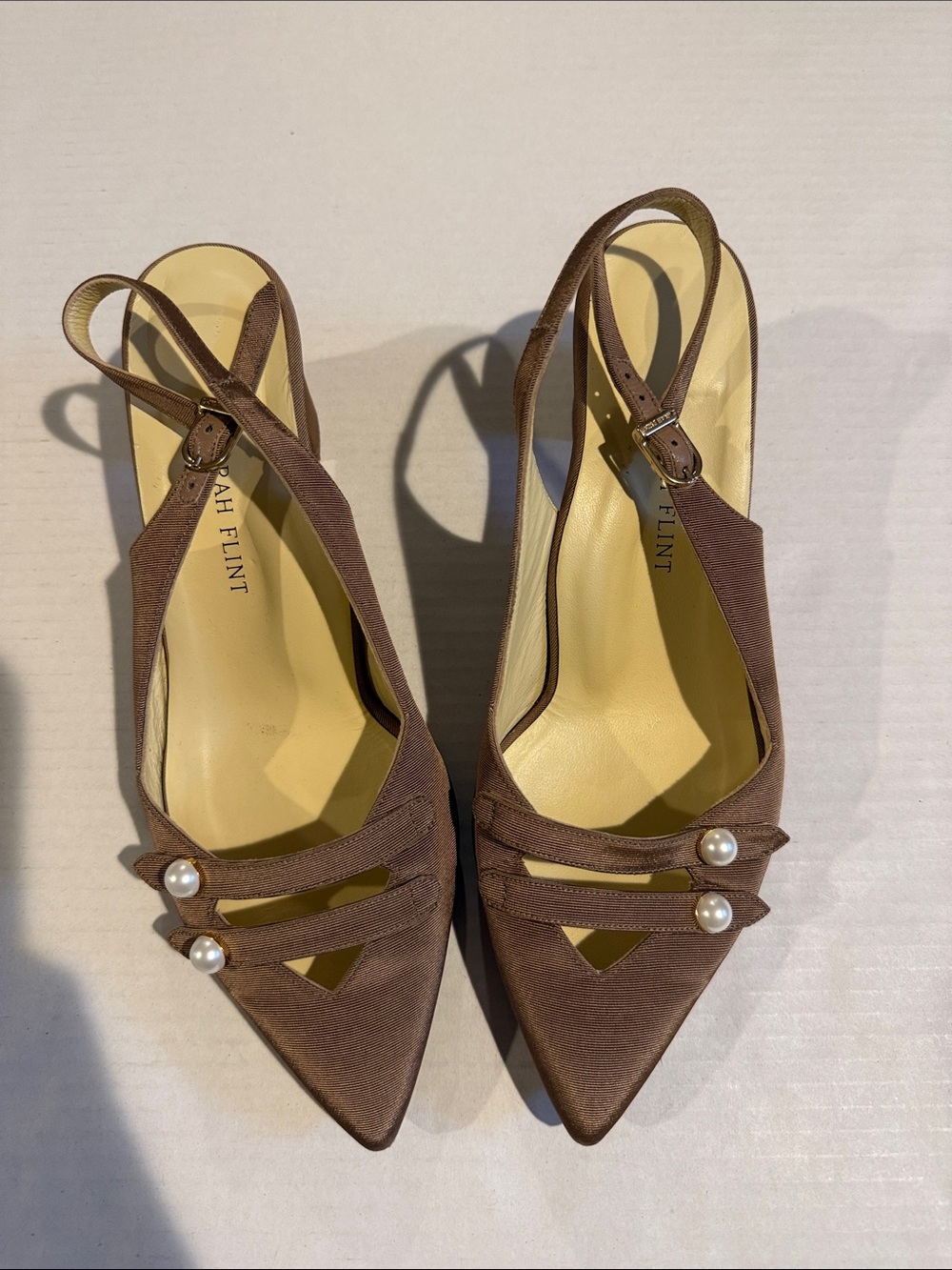 Sarah Flint Brown Satin Pearl-Embellished Slingback Pumps
